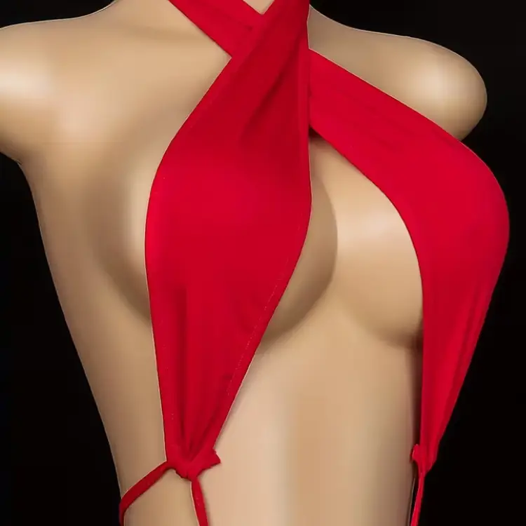Lencería sexy con cuello halter, talla única en tela elástica, lencería adulto con apertura, vestido babydoll levanta glúteos, ajustado, para dormir's photo #3